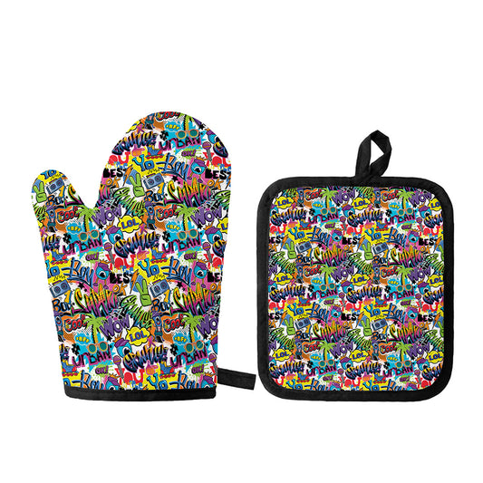 Colorful Graffiti Pattern Print Oven Mitt And Pot Holder Set