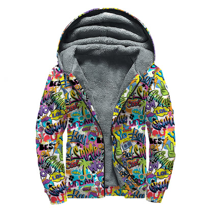 Colorful Graffiti Pattern Print Sherpa Lined Zip Up Hoodie