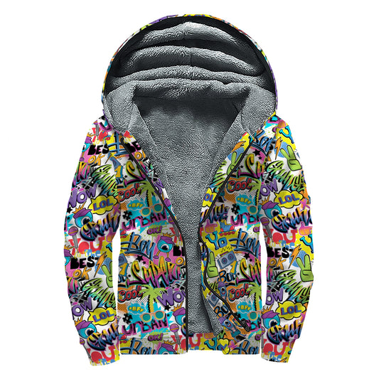 Colorful Graffiti Pattern Print Sherpa Lined Zip Up Hoodie