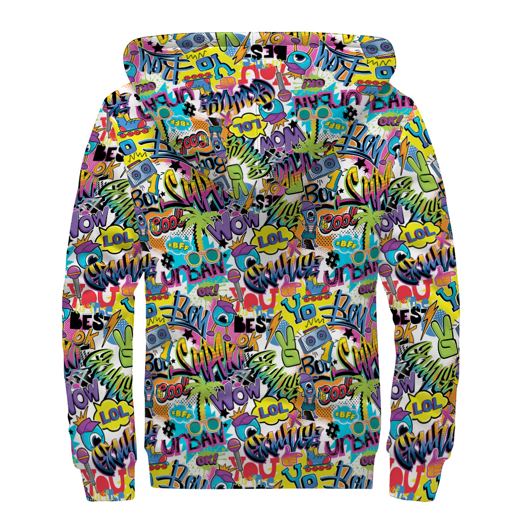 Colorful Graffiti Pattern Print Sherpa Lined Zip Up Hoodie