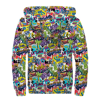 Colorful Graffiti Pattern Print Sherpa Lined Zip Up Hoodie