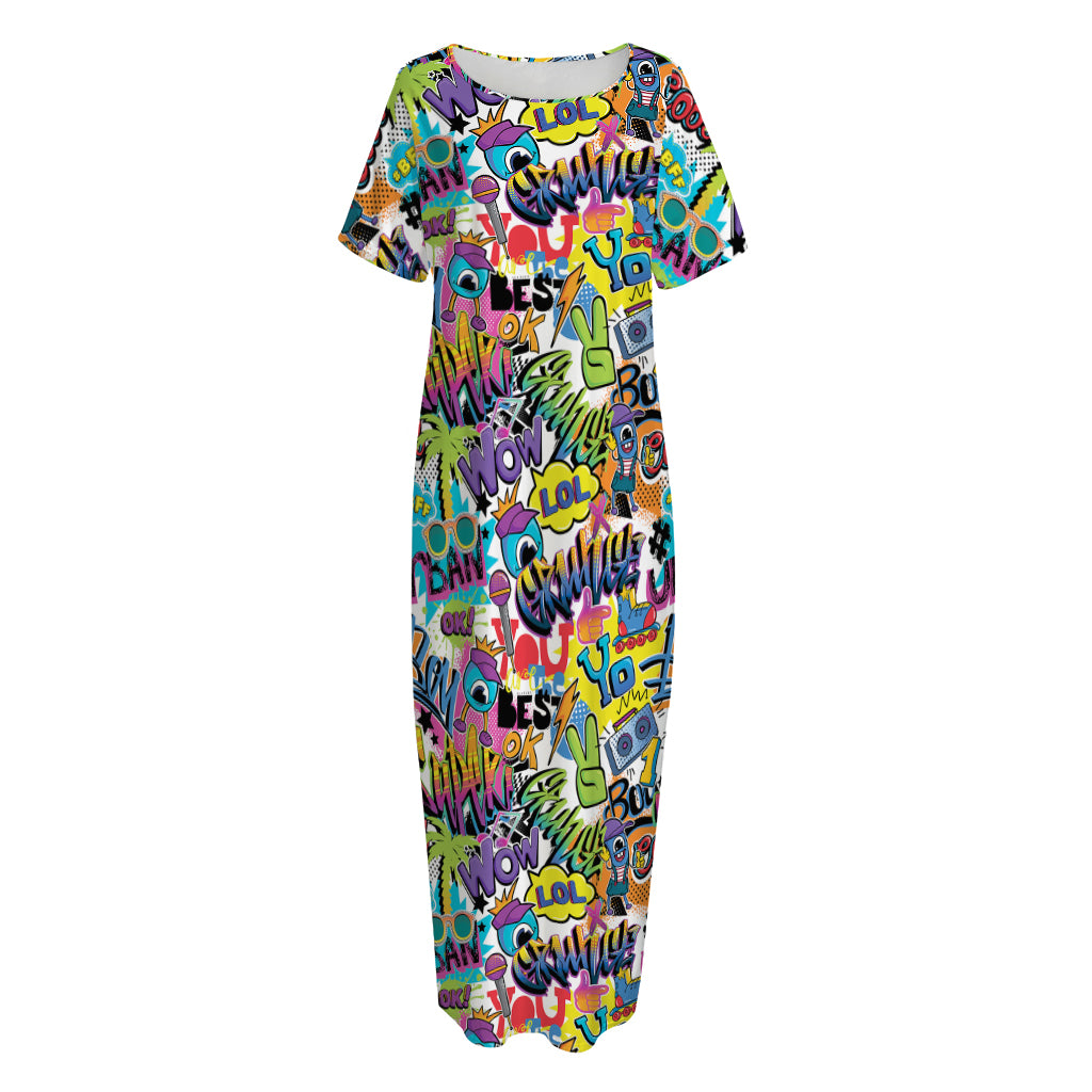 Colorful Graffiti Pattern Print Short Sleeve Long Nightdress