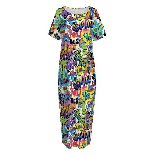 Colorful Graffiti Pattern Print Short Sleeve Long Nightdress