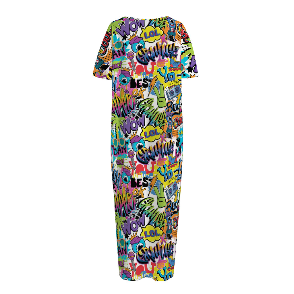 Colorful Graffiti Pattern Print Short Sleeve Long Nightdress