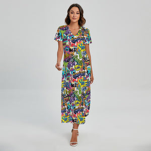 Colorful Graffiti Pattern Print Short Sleeve Maxi Dress