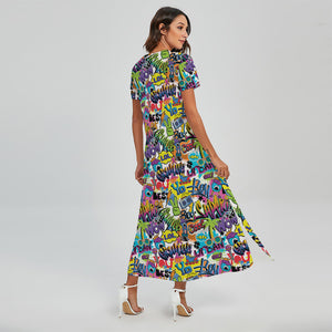 Colorful Graffiti Pattern Print Short Sleeve Maxi Dress