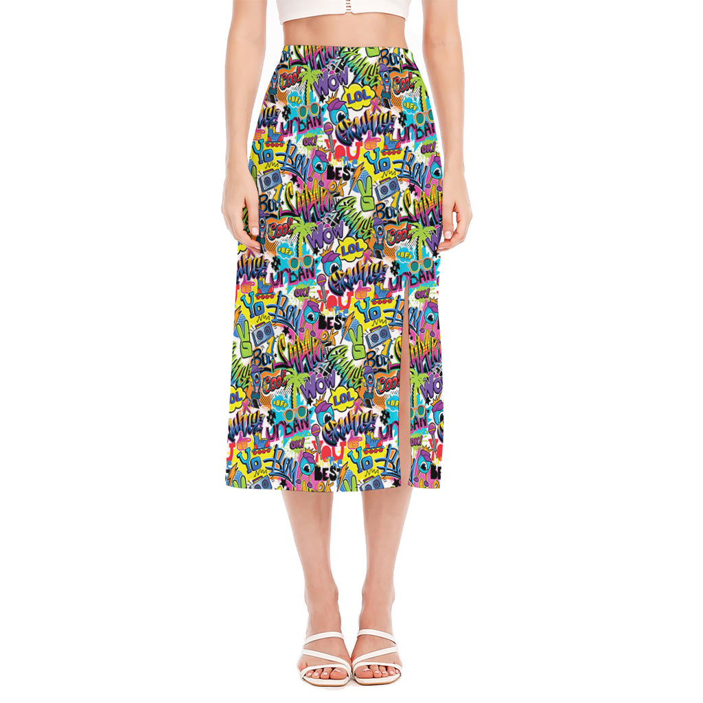 Colorful Graffiti Pattern Print Side Slit Midi Skirt