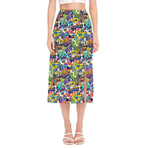 Colorful Graffiti Pattern Print Side Slit Midi Skirt