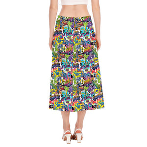 Colorful Graffiti Pattern Print Side Slit Midi Skirt