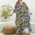 Colorful Graffiti Pattern Print Silk V-Neck Kaftan Dress