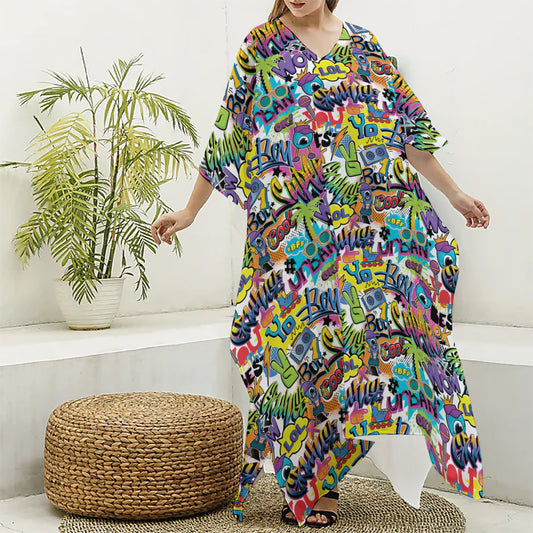 Colorful Graffiti Pattern Print Silk V-Neck Kaftan Dress