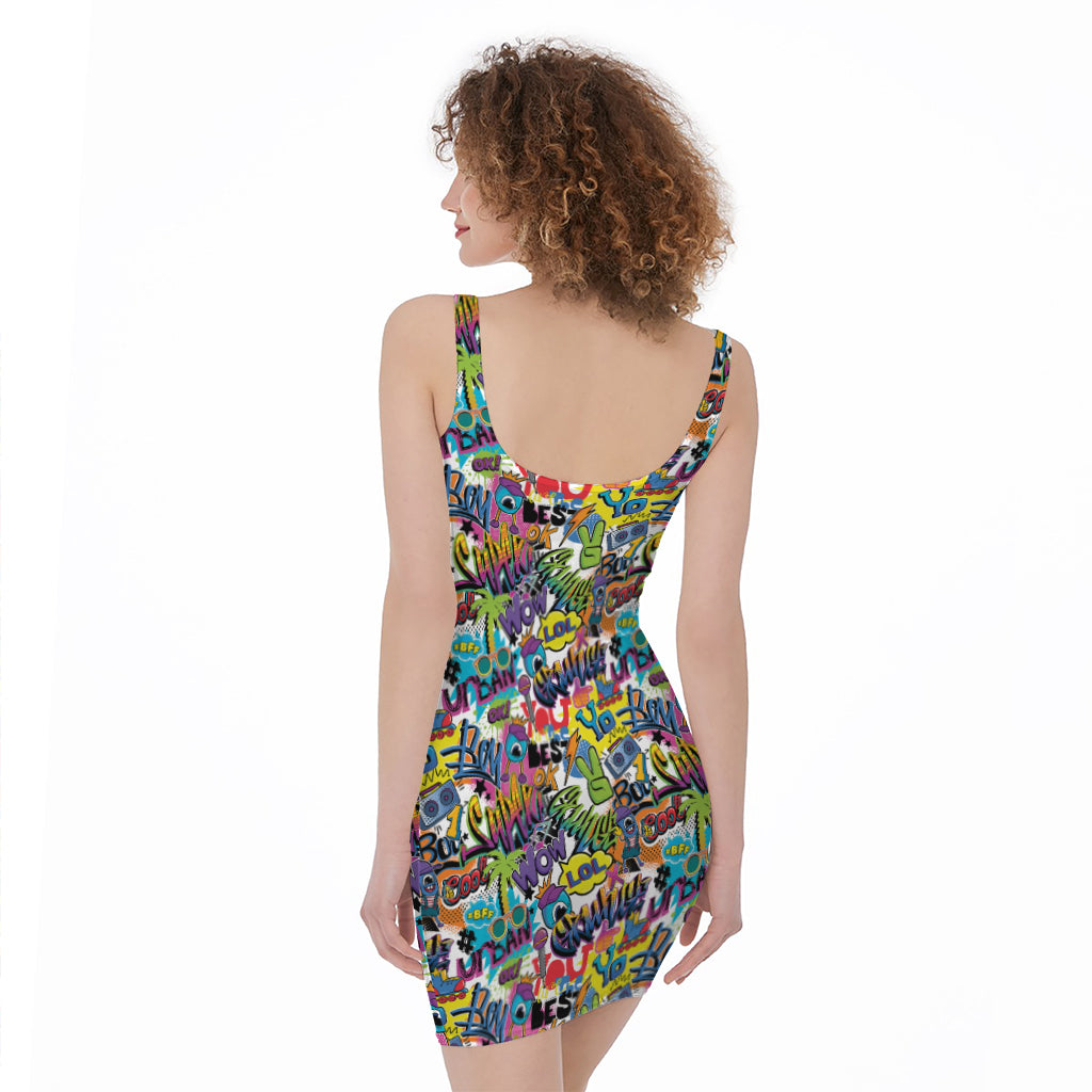 Colorful Graffiti Pattern Print Sleeveless Bodycon Dress