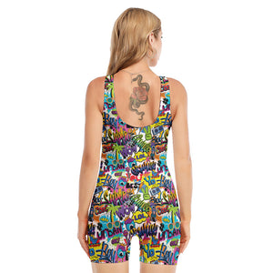 Colorful Graffiti Pattern Print Sleeveless One Piece Swimsuit