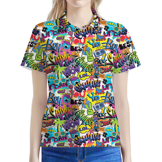 Colorful Graffiti Pattern Print Women's Polo Shirt
