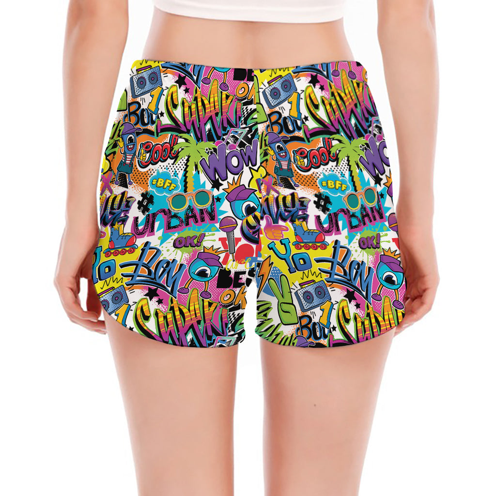 Colorful Graffiti Pattern Print Women's Split Running Shorts