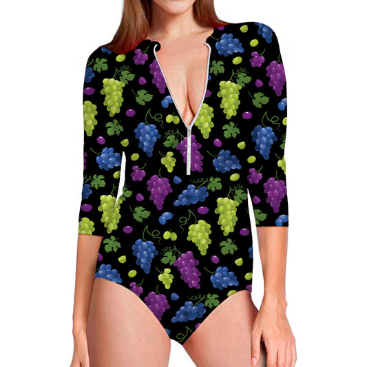 Colorful Grapes Pattern Print Long Sleeve Swimsuit