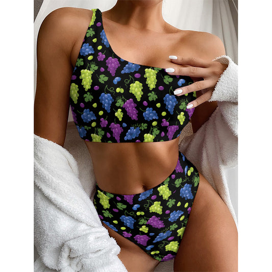 Colorful Grapes Pattern Print One Shoulder Bikini Top