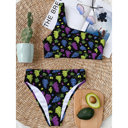 Colorful Grapes Pattern Print One Shoulder Bikini Top
