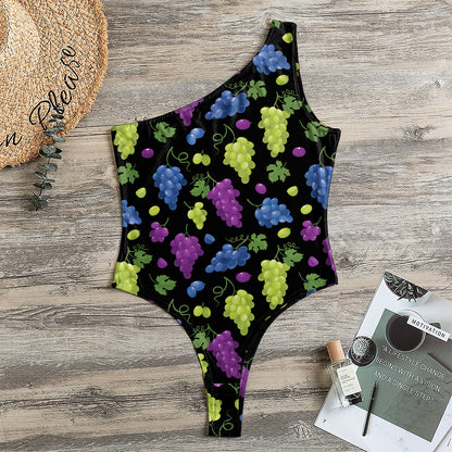 Colorful Grapes Pattern Print One Shoulder Bodysuit
