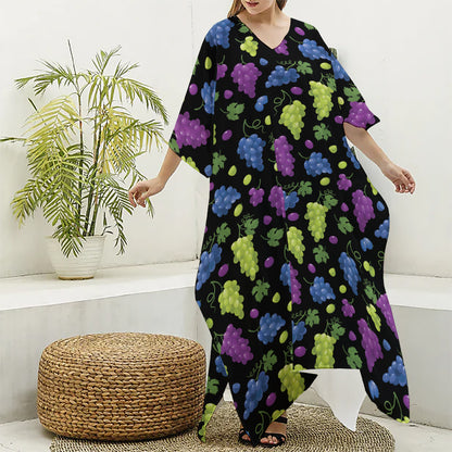 Colorful Grapes Pattern Print Silk V-Neck Kaftan Dress