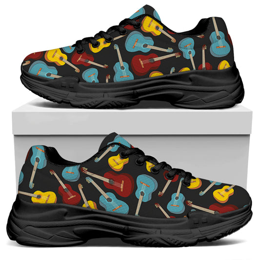 Colorful Guitar Pattern Print Black Chunky Shoes