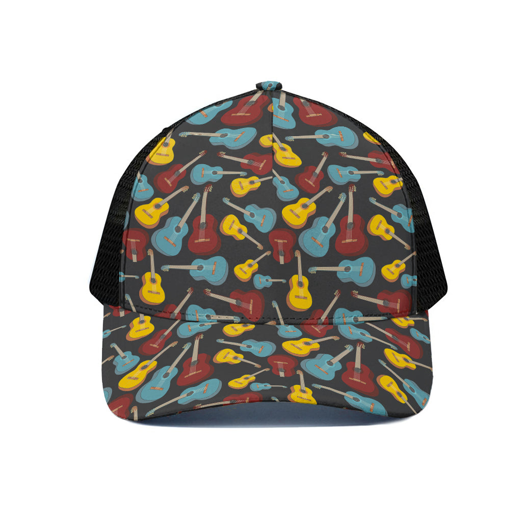 Colorful Guitar Pattern Print Black Mesh Trucker Cap