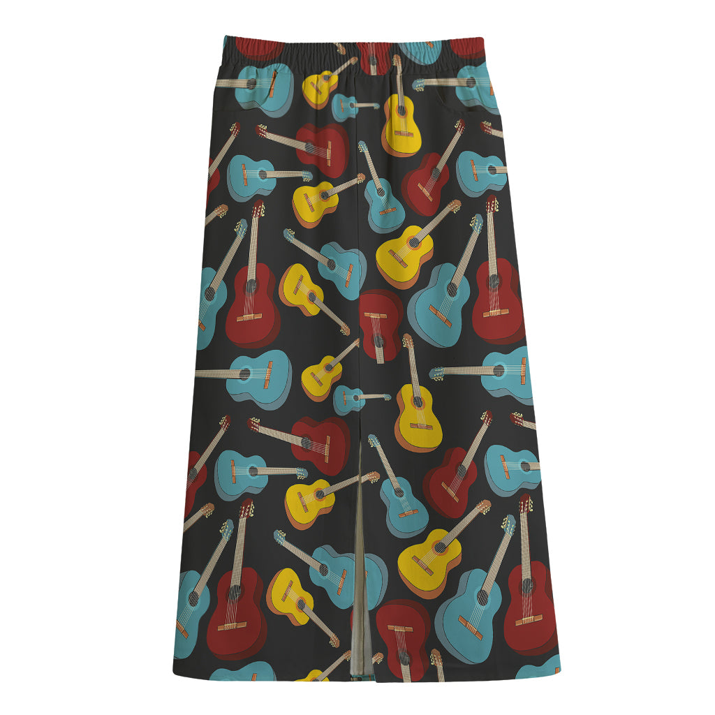 Colorful Guitar Pattern Print Cotton Front Slit Maxi Skirt