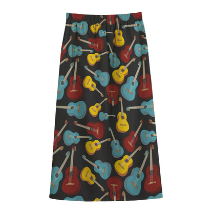 Colorful Guitar Pattern Print Cotton Front Slit Maxi Skirt