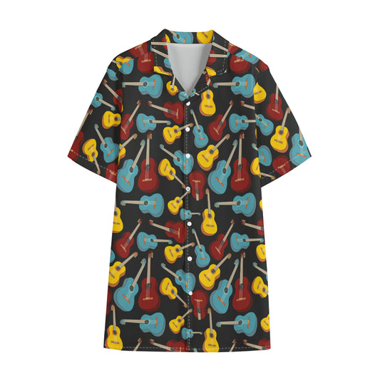 Colorful Guitar Pattern Print Cotton Hawaiian Shirt