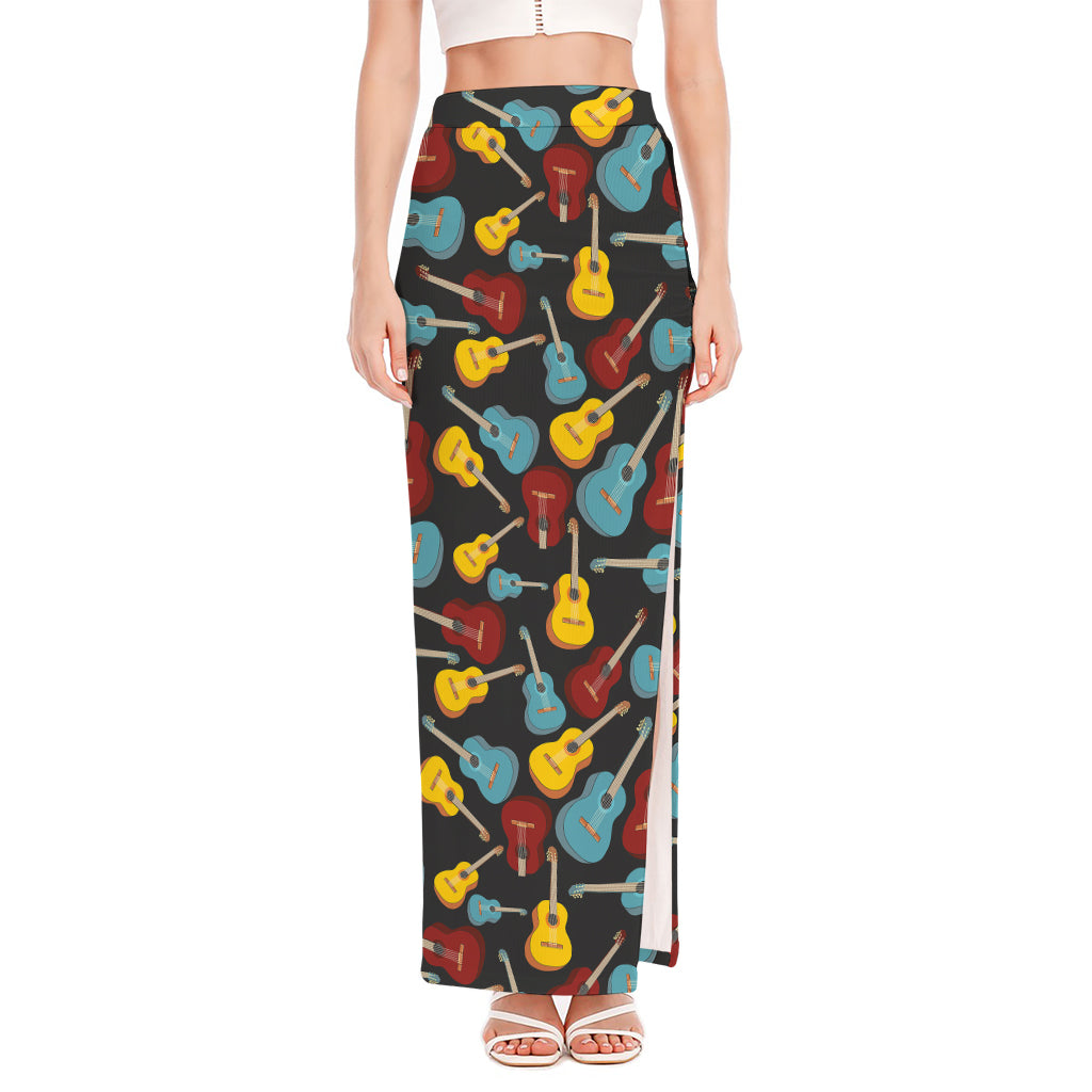 Colorful Guitar Pattern Print High Slit Maxi Skirt