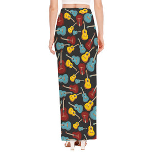 Colorful Guitar Pattern Print High Slit Maxi Skirt