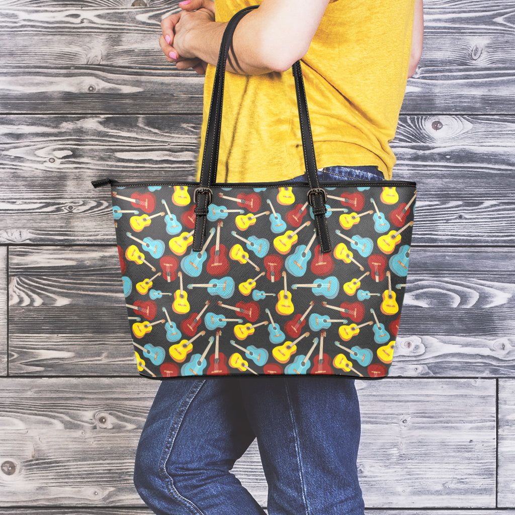 Colorful Guitar Pattern Print Leather Tote Bag