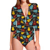 Colorful Guitar Pattern Print Long Sleeve Swimsuit