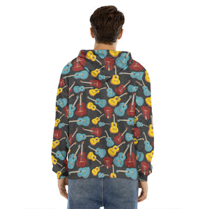 Colorful Guitar Pattern Print Men's Velvet Pullover Hoodie