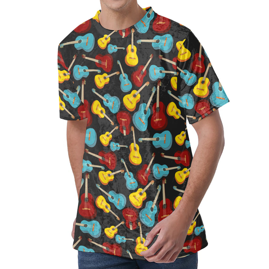 Colorful Guitar Pattern Print Men's Velvet T-Shirt