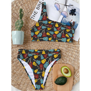 Colorful Guitar Pattern Print One Shoulder Bikini Top