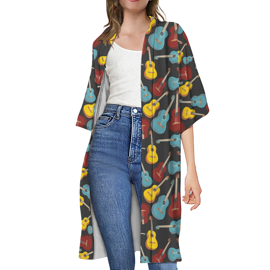 Colorful Guitar Pattern Print Open Front Beach Cover Up