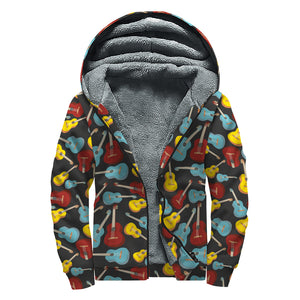 Colorful Guitar Pattern Print Sherpa Lined Zip Up Hoodie