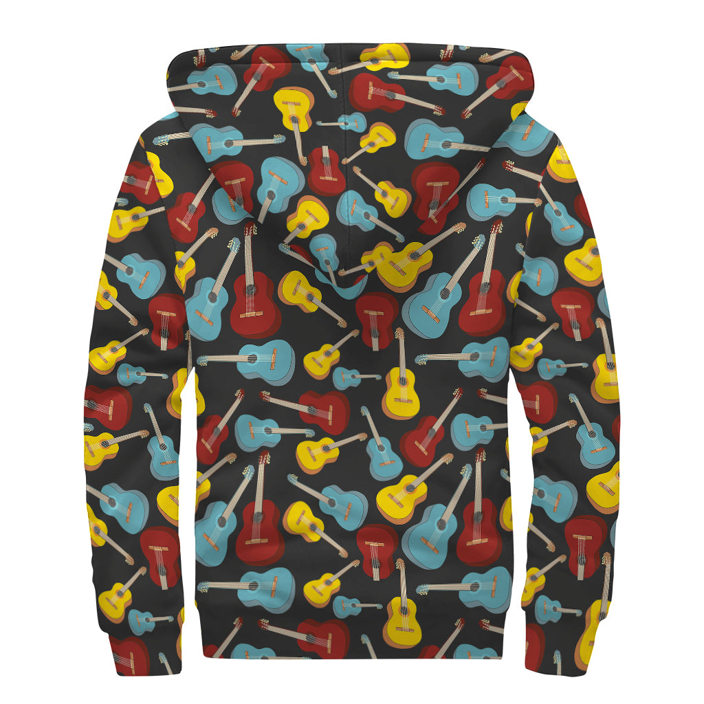 Colorful Guitar Pattern Print Sherpa Lined Zip Up Hoodie