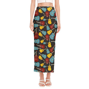 Colorful Guitar Pattern Print Side Slit Maxi Skirt