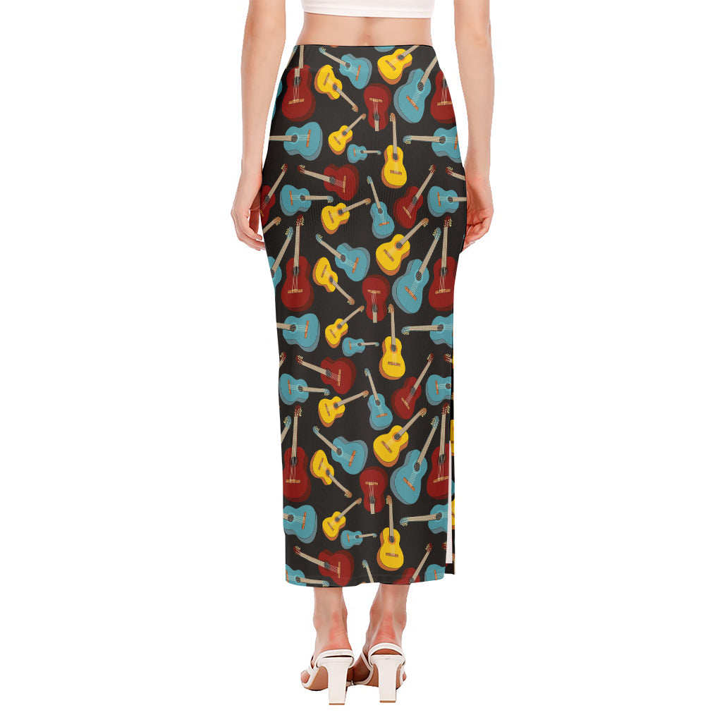 Colorful Guitar Pattern Print Side Slit Maxi Skirt