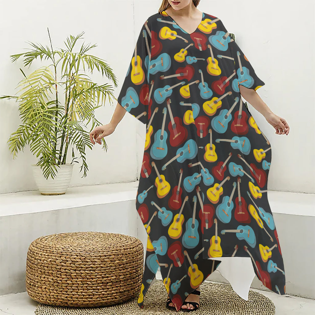 Colorful Guitar Pattern Print Silk V-Neck Kaftan Dress