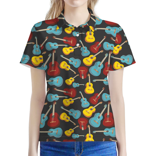 Colorful Guitar Pattern Print Women's Polo Shirt