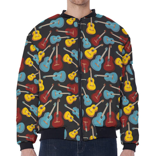 Colorful Guitar Pattern Print Zip Sleeve Bomber Jacket