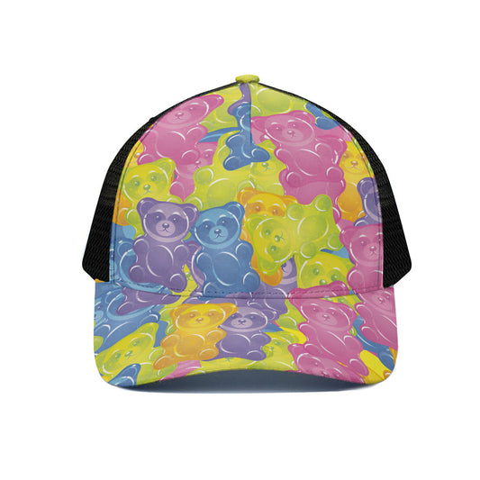 Colorful Gummy Bear Print Black Mesh Trucker Cap