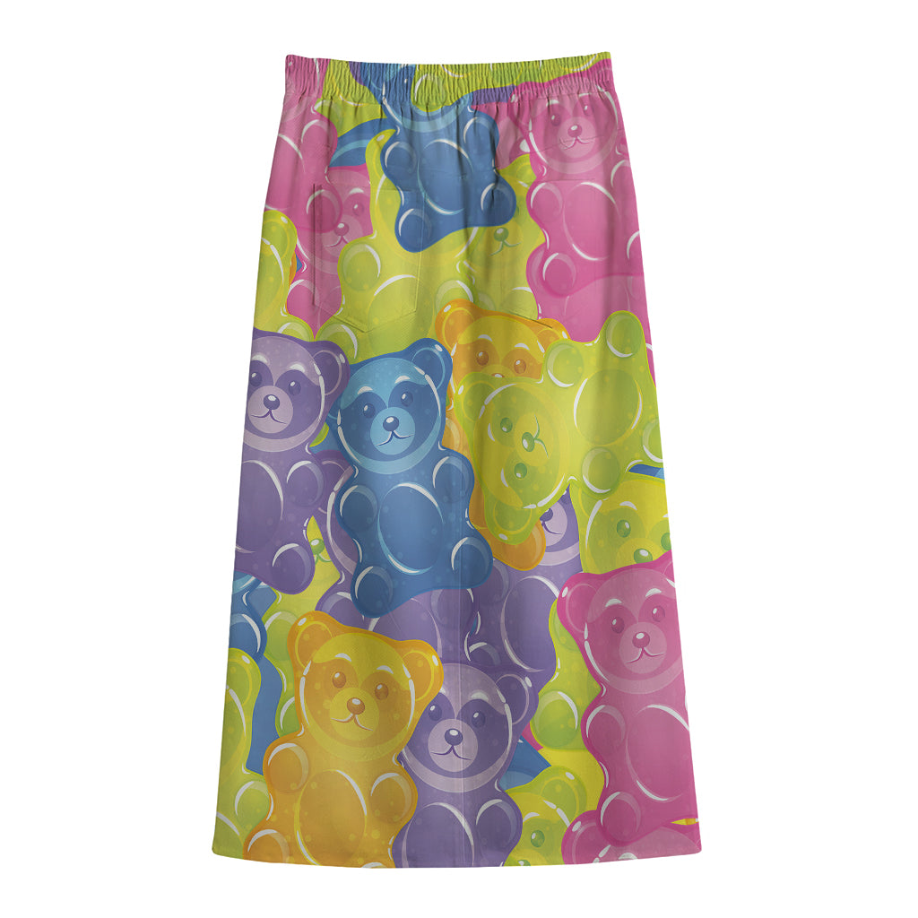 Colorful Gummy Bear Print Cotton Front Slit Maxi Skirt