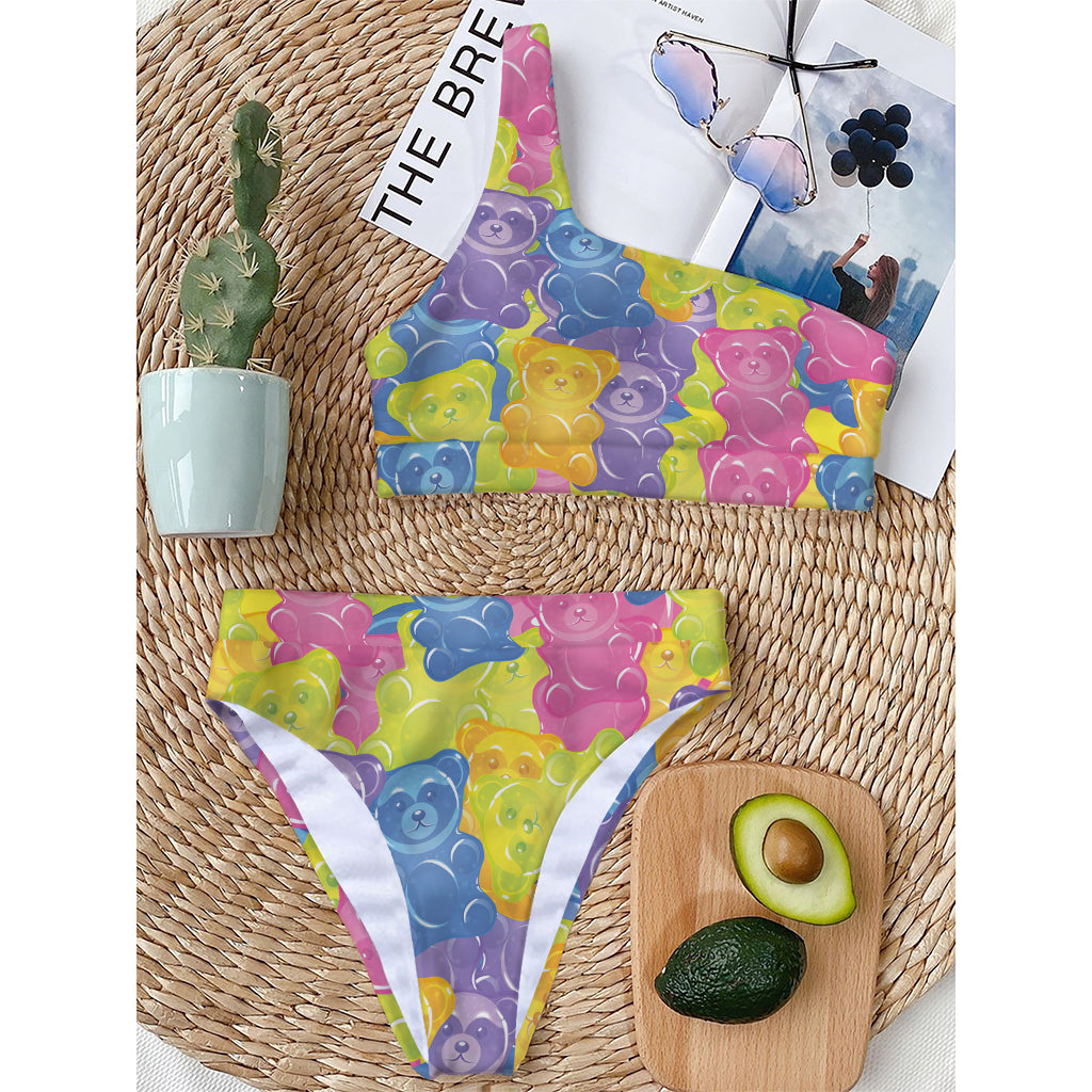 Colorful Gummy Bear Print One Shoulder Bikini Top