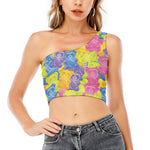 Colorful Gummy Bear Print One Shoulder Crop Top