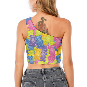 Colorful Gummy Bear Print One Shoulder Crop Top