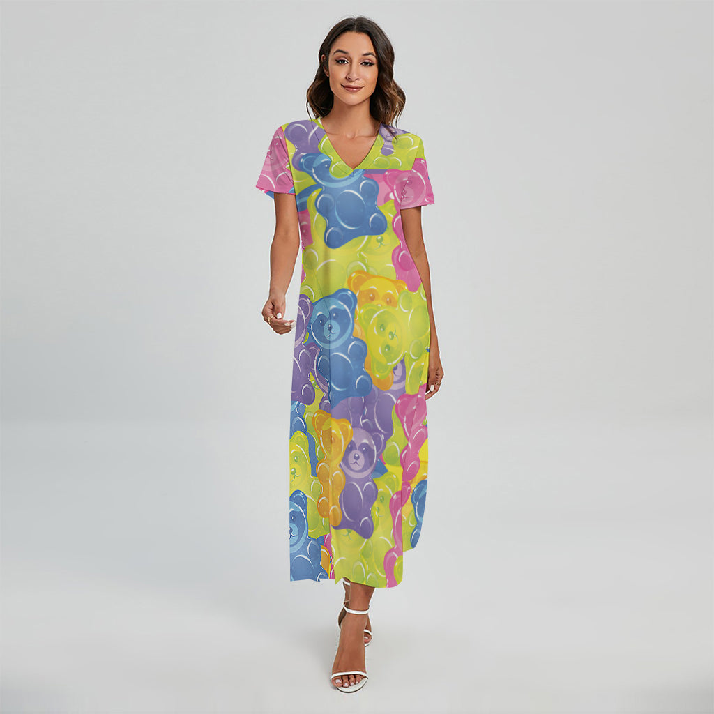 Colorful Gummy Bear Print Short Sleeve Maxi Dress